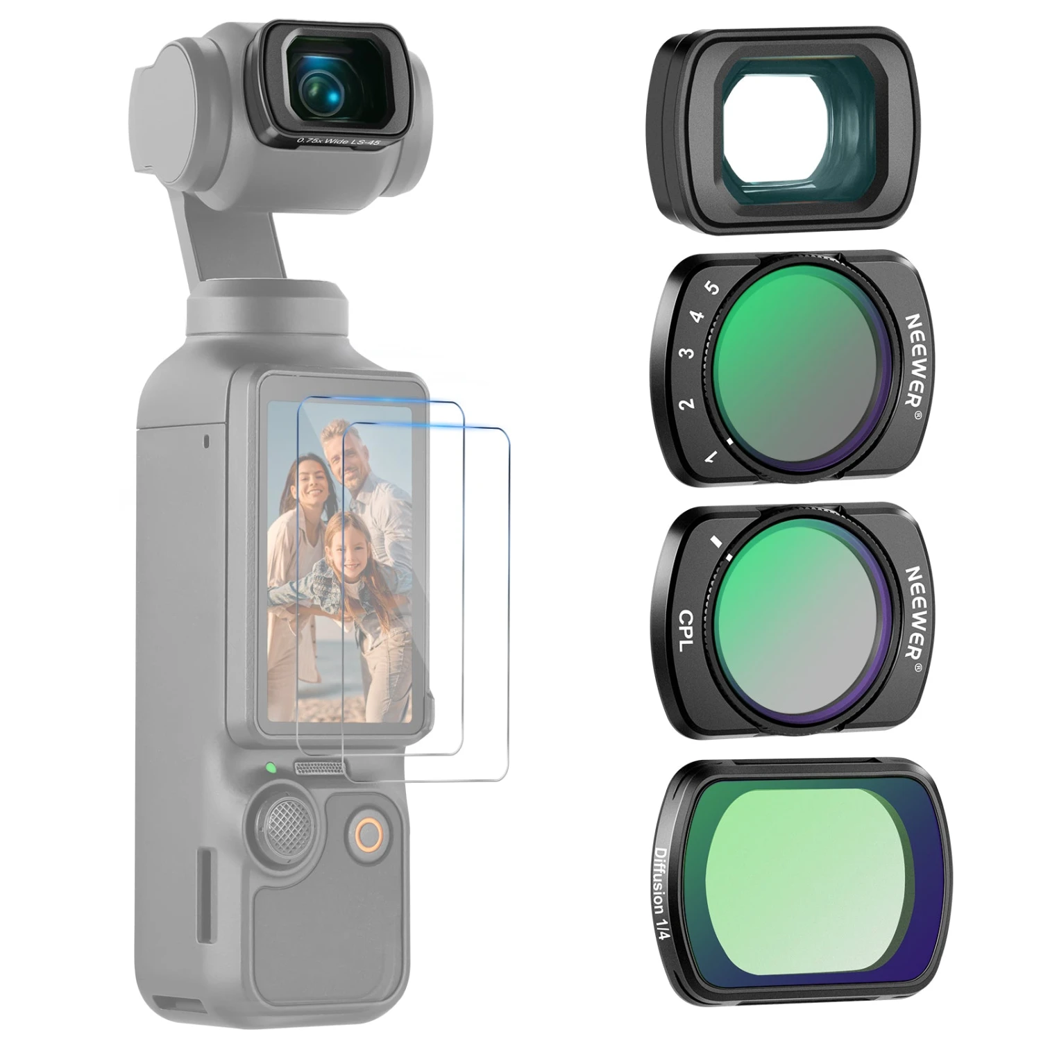 NEEWER FL-B09 Filter Set With 0.75x Wide Angle Lens For DJI Osmo Pocket 3 1 NEEWER FL-B09 Filter Set With 0.75x Wide Angle Lens For DJI Osmo Pocket 3