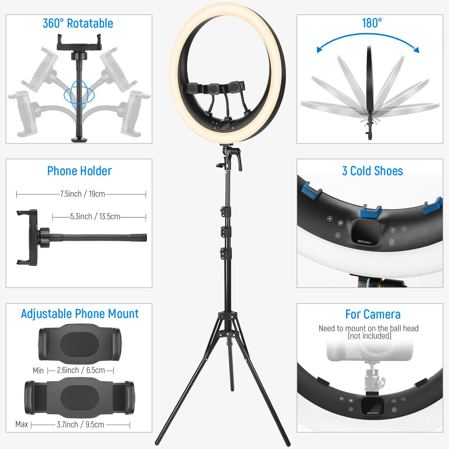 NEEWER RP19H 19 Inch LED Ring Light With 3 Phone Holders 7 NEEWER RP19H 19 Inch LED Ring Light With 3 Phone Holders - Image 7