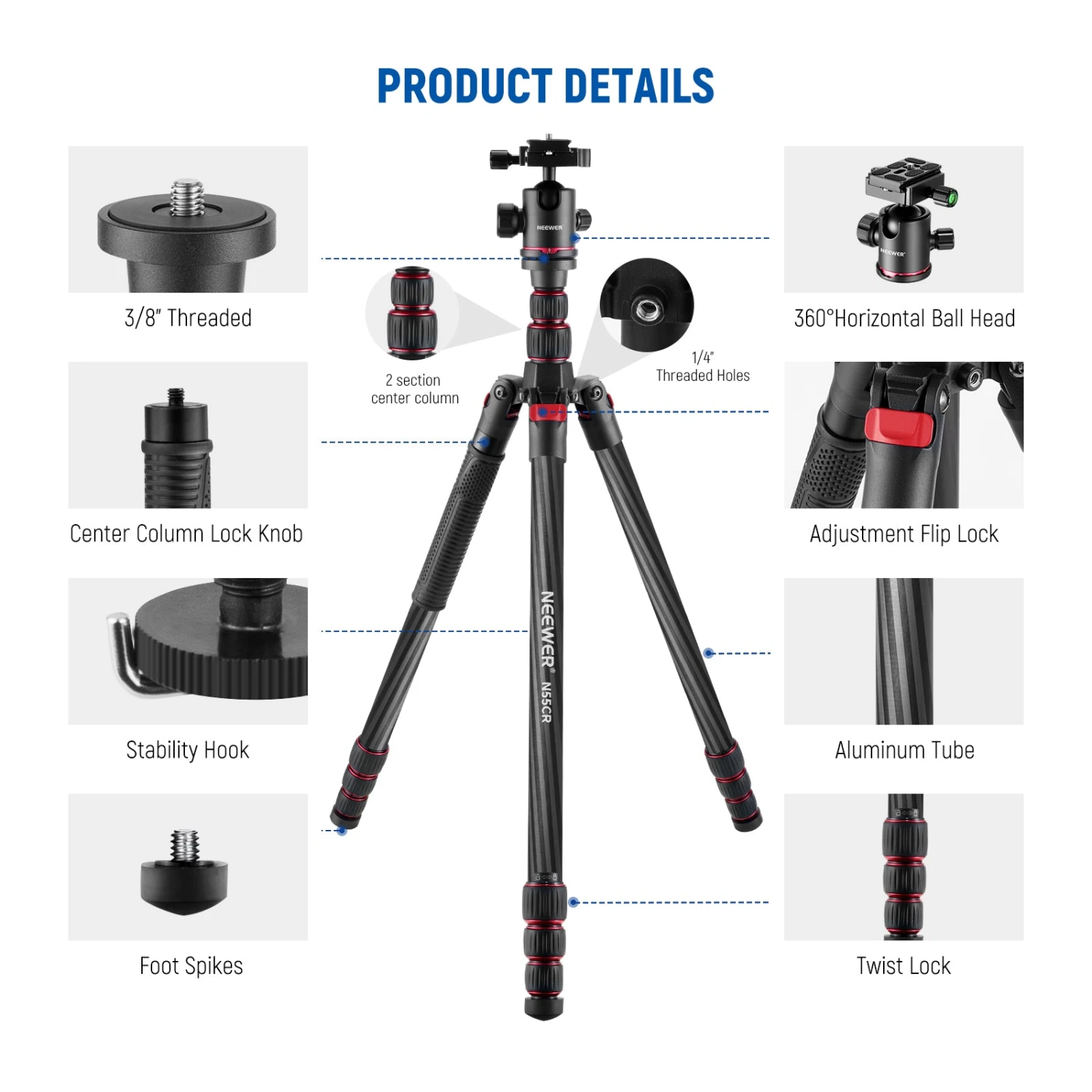 NEEWER N55CR 80.7” Carbon Fiber Tripod Monopod 9 NEEWER N55CR 80.7” Carbon Fiber Tripod Monopod - Image 9
