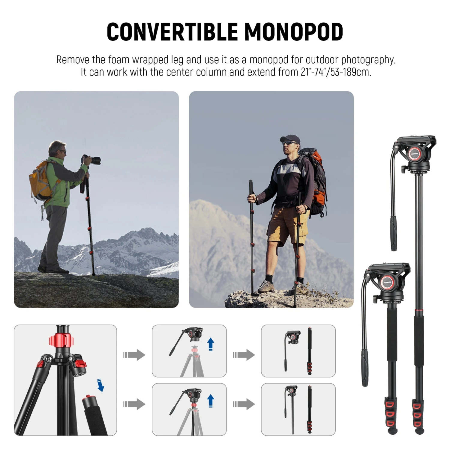 NEEWER TP72A 72" Fluid Head Video Tripod Monopod 5 NEEWER TP72A 72" Fluid Head Video Tripod Monopod - Image 5