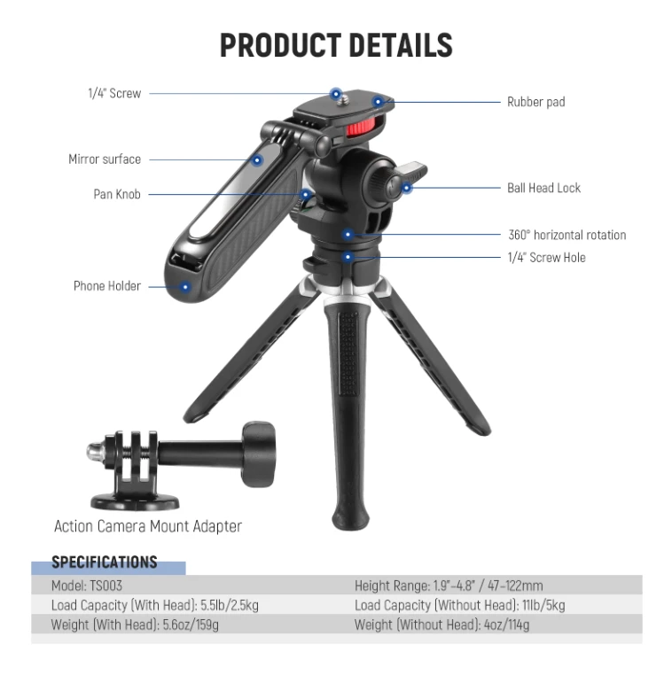 NEEWER TS003 Mini Tripod For Camera & Phone 2 NEEWER TS003 Mini Tripod For Camera & Phone - Image 2
