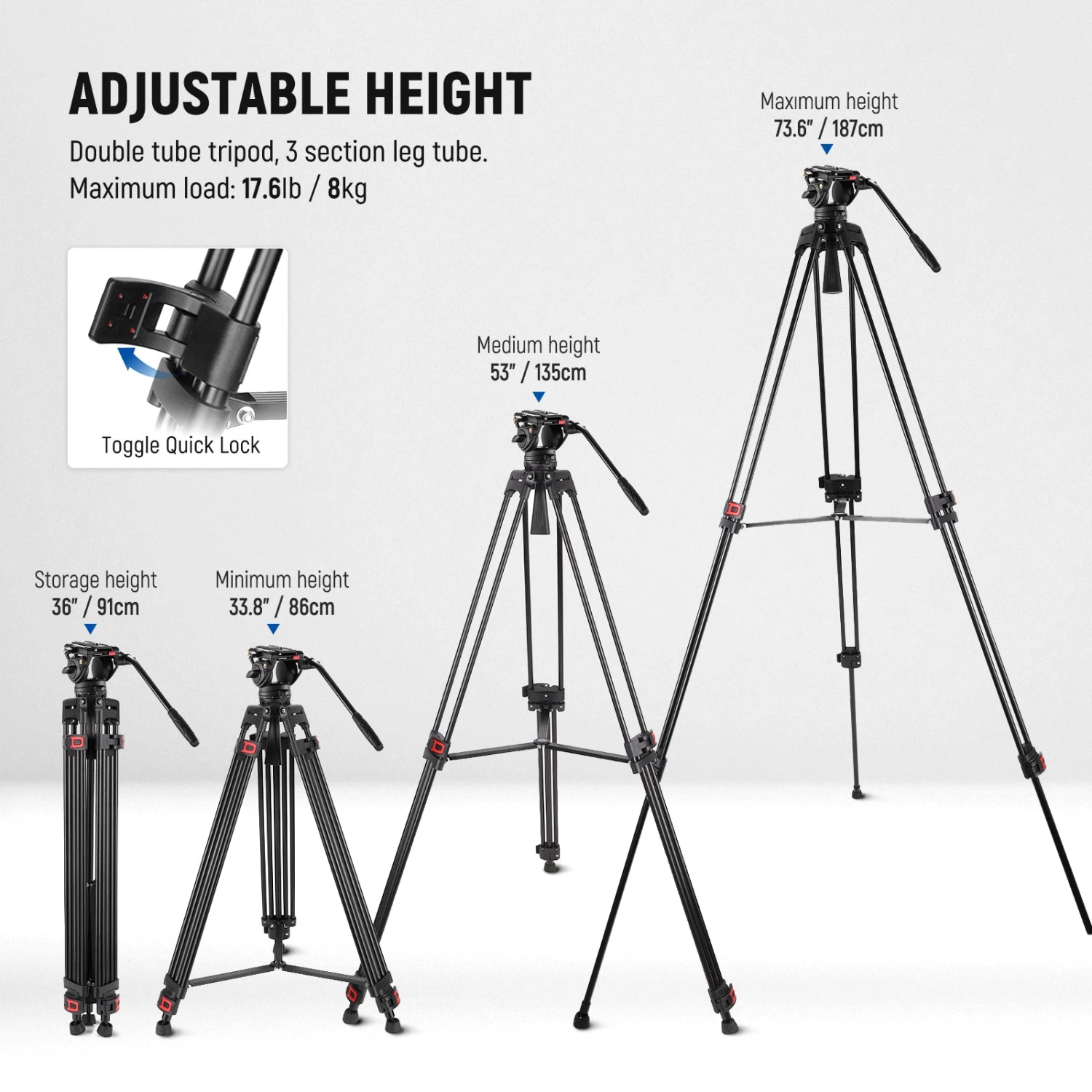 NEEWER TP74 74" Pro Video Tripod With Fluid Head 2 NEEWER TP74 74" Pro Video Tripod With Fluid Head - Image 2
