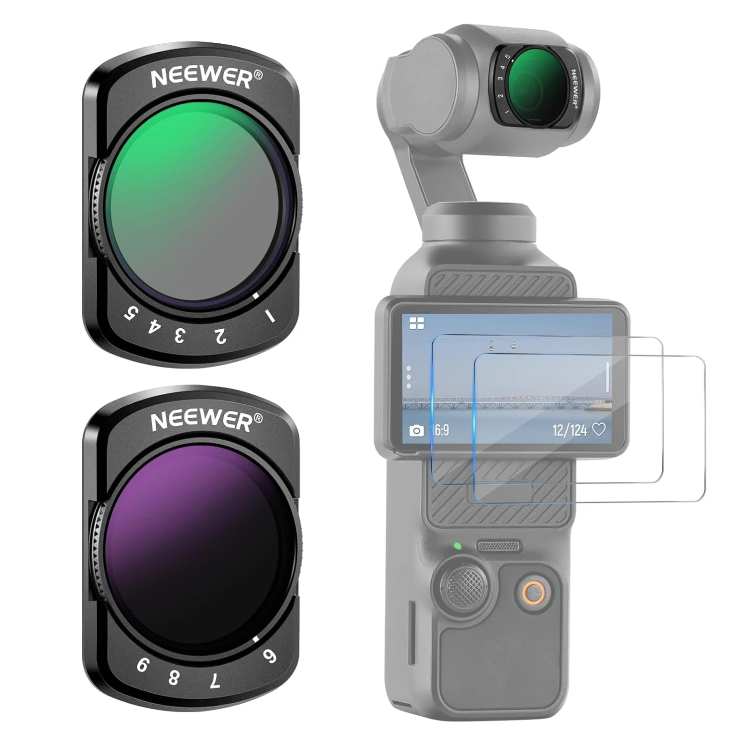 NEEWER FL-75 Variable ND2-ND32 & ND64-ND512 Filters Kit For DJI Osmo Pocket 3 1 NEEWER FL-75 Variable ND2-ND32 & ND64-ND512 Filters Kit For DJI Osmo Pocket 3