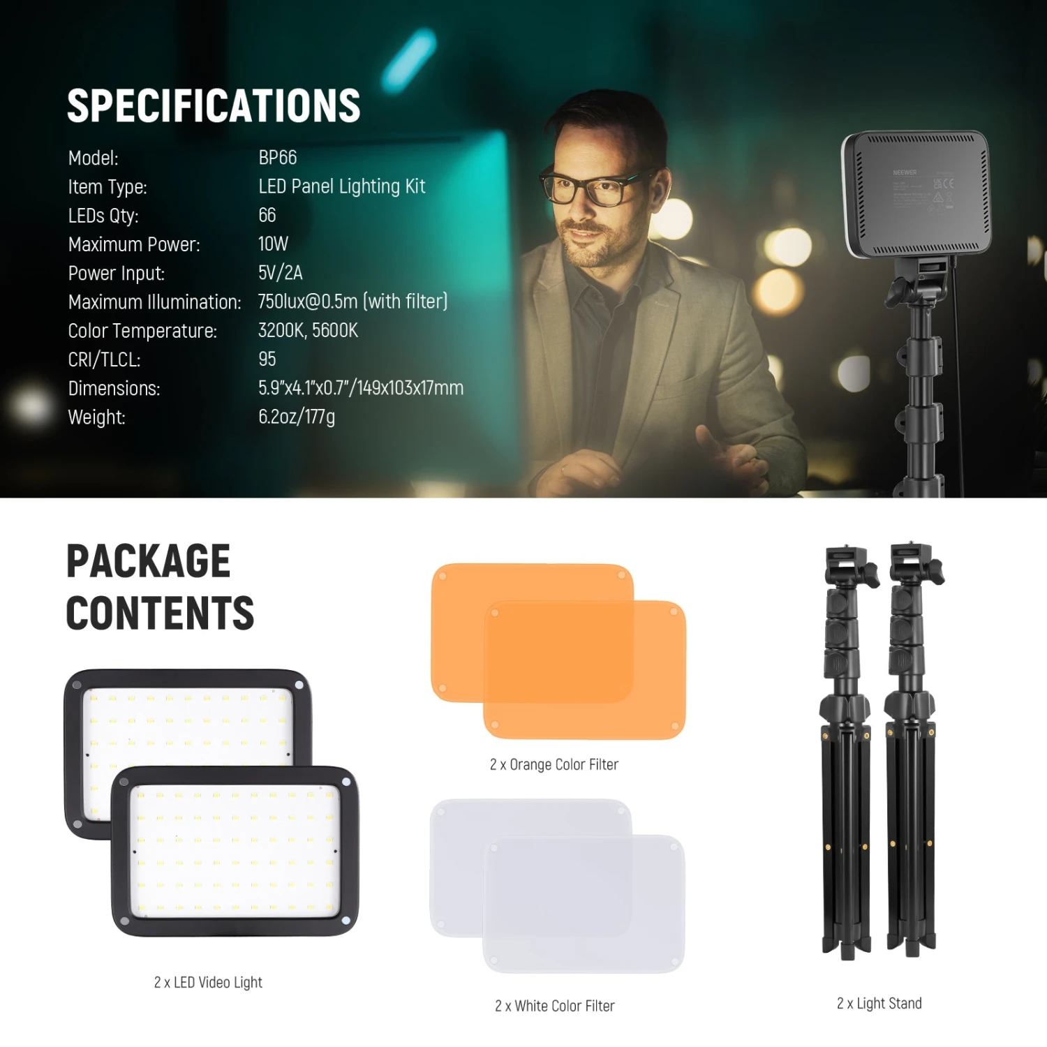 NEEWER BASICS BP66 2 Pack Bi-Color Video Light Panel Lighting Kit 7 NEEWER BASICS BP66 2 Pack Bi-Color Video Light Panel Lighting Kit - Image 7