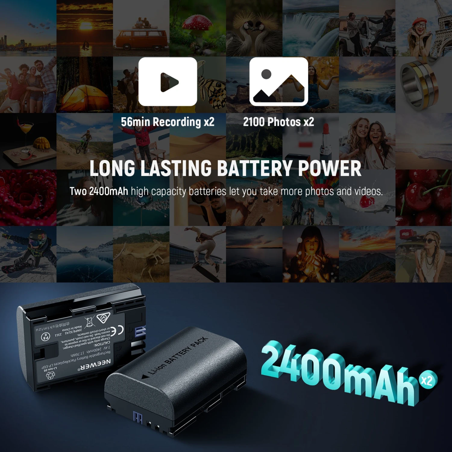 NEEWER 2 Pack 2400mAh LP-E6P Replacement Battery & Charging Set For Canon EOS 2 NEEWER 2 Pack 2400mAh LP-E6P Replacement Battery & Charging Set For Canon EOS - Image 2