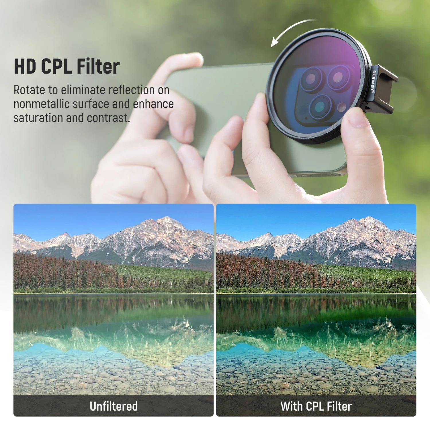 NEEWER FL-78 67mm HD CPL Filter & Cold Shoe Phone Clip 2 NEEWER FL-78 67mm HD CPL Filter & Cold Shoe Phone Clip - Image 2