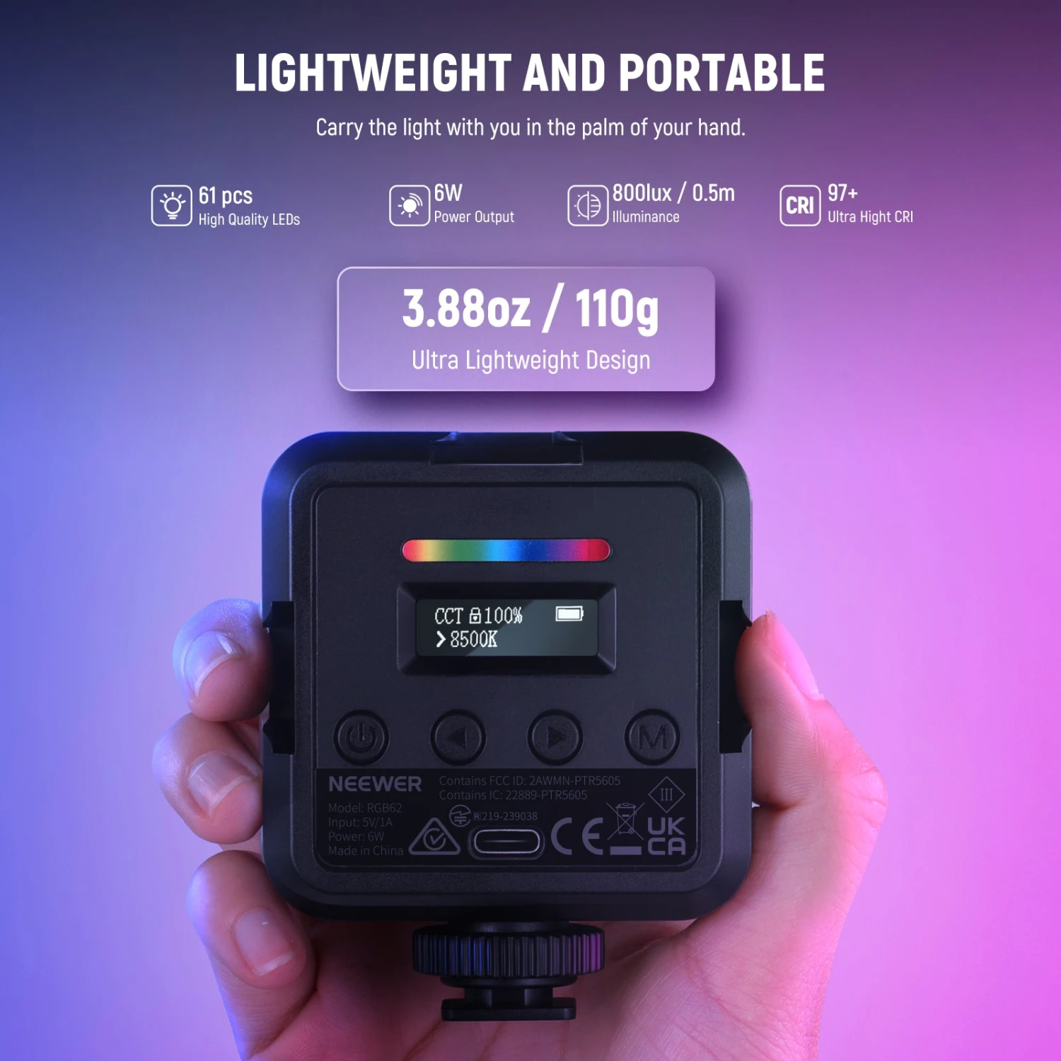 NEEWER RGB62 Magnetic RGB Video Light With App Control 2 NEEWER RGB62 Magnetic RGB Video Light With App Control - Image 2