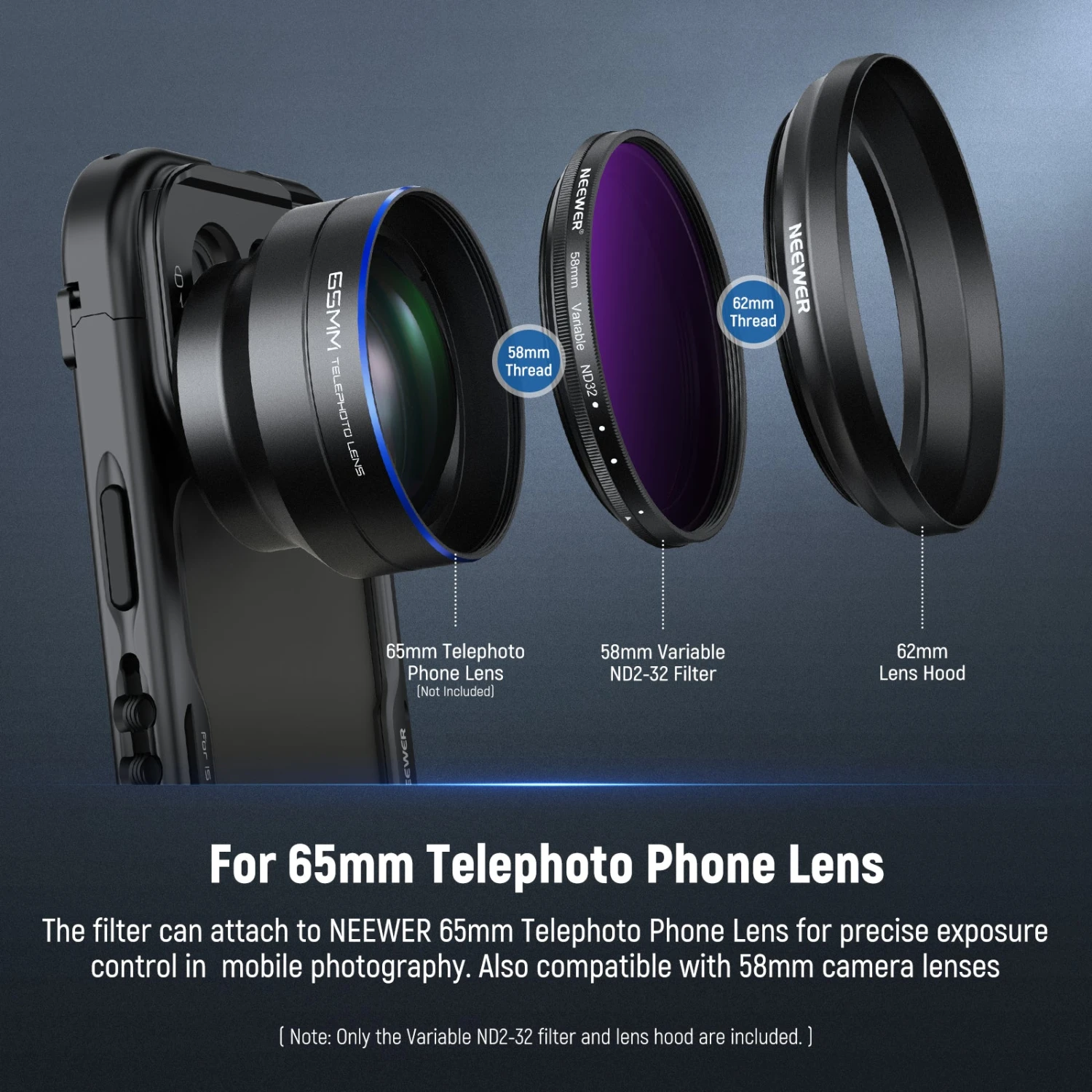 NEEWER 58mm Variable ND2-32 Filter With Lens Hood For 65mm Telephoto Phone Lens 5 NEEWER 58mm Variable ND2-32 Filter With Lens Hood For 65mm Telephoto Phone Lens - Image 5