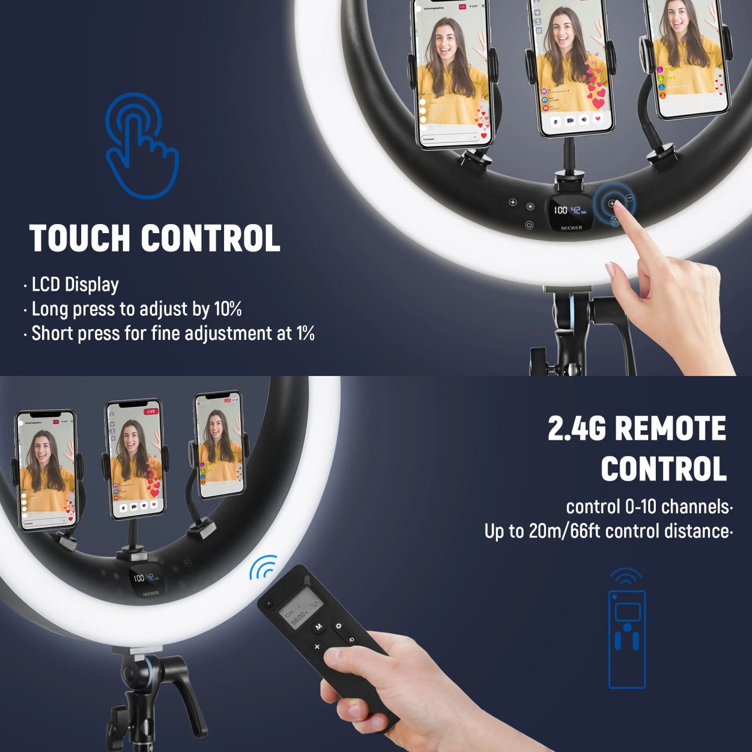 NEEWER RP19H 19 Inch LED Ring Light With 3 Phone Holders 13 NEEWER RP19H 19 Inch LED Ring Light With 3 Phone Holders - Image 13