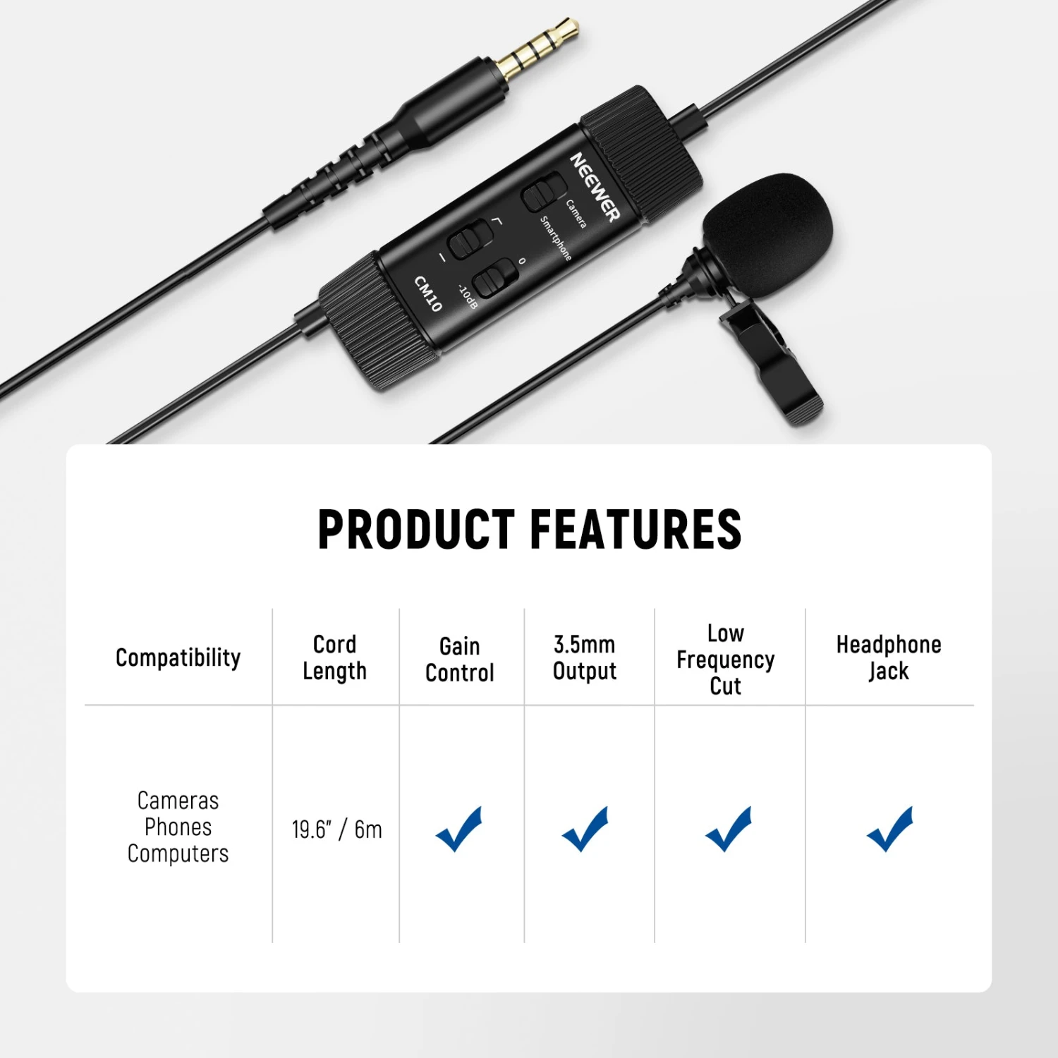 NEEWER CM10 Plug & Play 3.5mm TRRS Lavalier Microphone For Camera/Smartphone 5 NEEWER CM10 Plug & Play 3.5mm TRRS Lavalier Microphone For Camera/Smartphone - Image 5