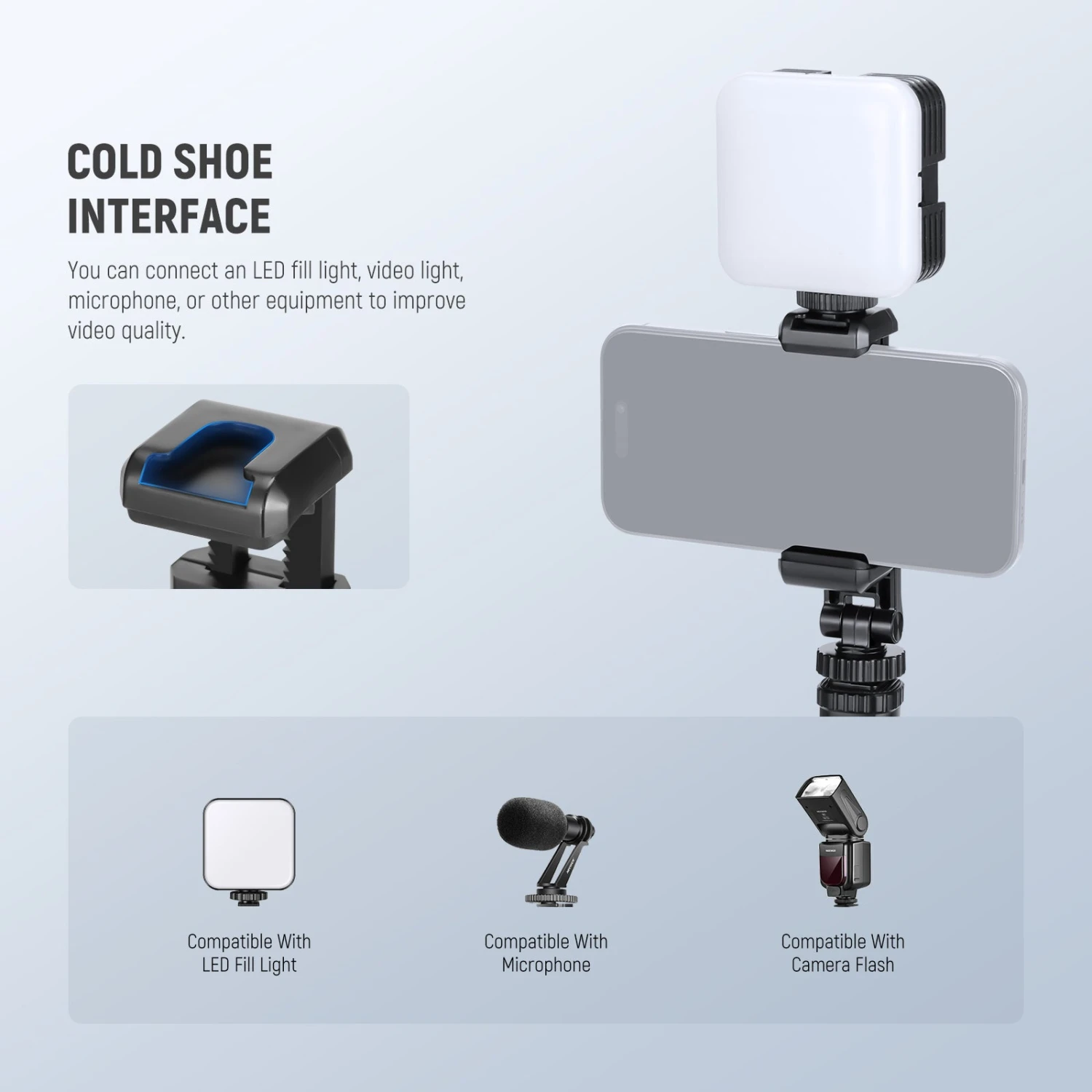 NEEWER BASICS SP-10 Phone Tripod Mount Holder With 1/4" Thread & Cold Shoe 5 NEEWER BASICS SP-10 Phone Tripod Mount Holder With 1/4" Thread & Cold Shoe - Image 5