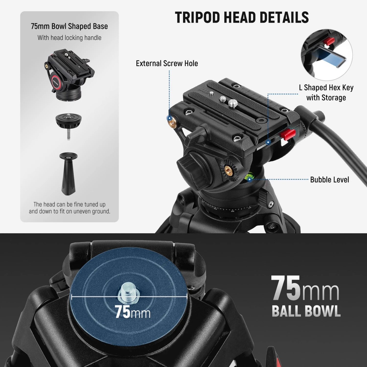NEEWER TP74 74" Pro Video Tripod With Fluid Head 6 NEEWER TP74 74" Pro Video Tripod With Fluid Head - Image 6