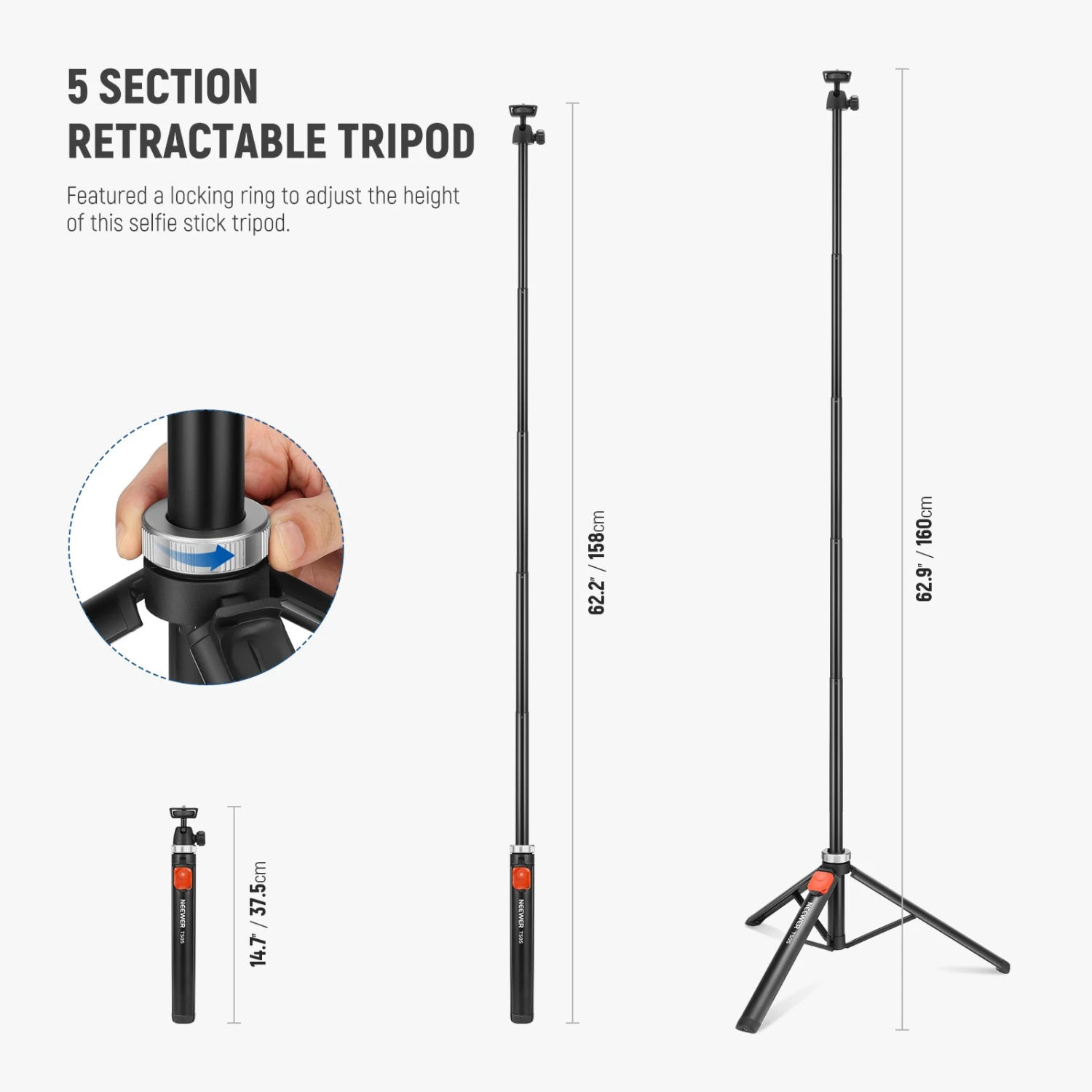NEEWER TS05 65.2" All Metal Phone Tripod With Remote 2 NEEWER TS05 65.2" All Metal Phone Tripod With Remote - Image 2