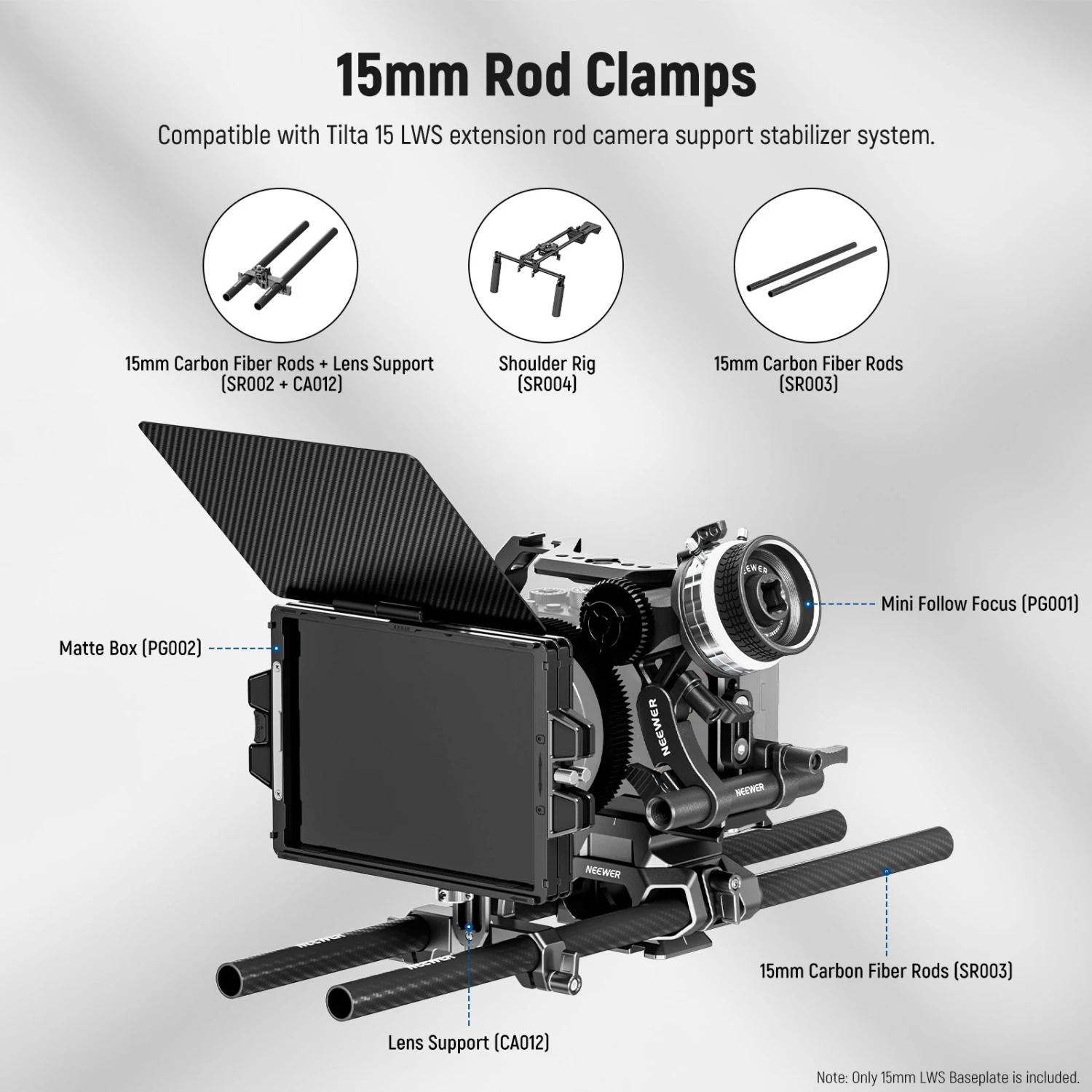 NEEWER SR015 Arca Type 15mm LWS Baseplate With Rod Clamps 7 NEEWER SR015 Arca Type 15mm LWS Baseplate With Rod Clamps - Image 7