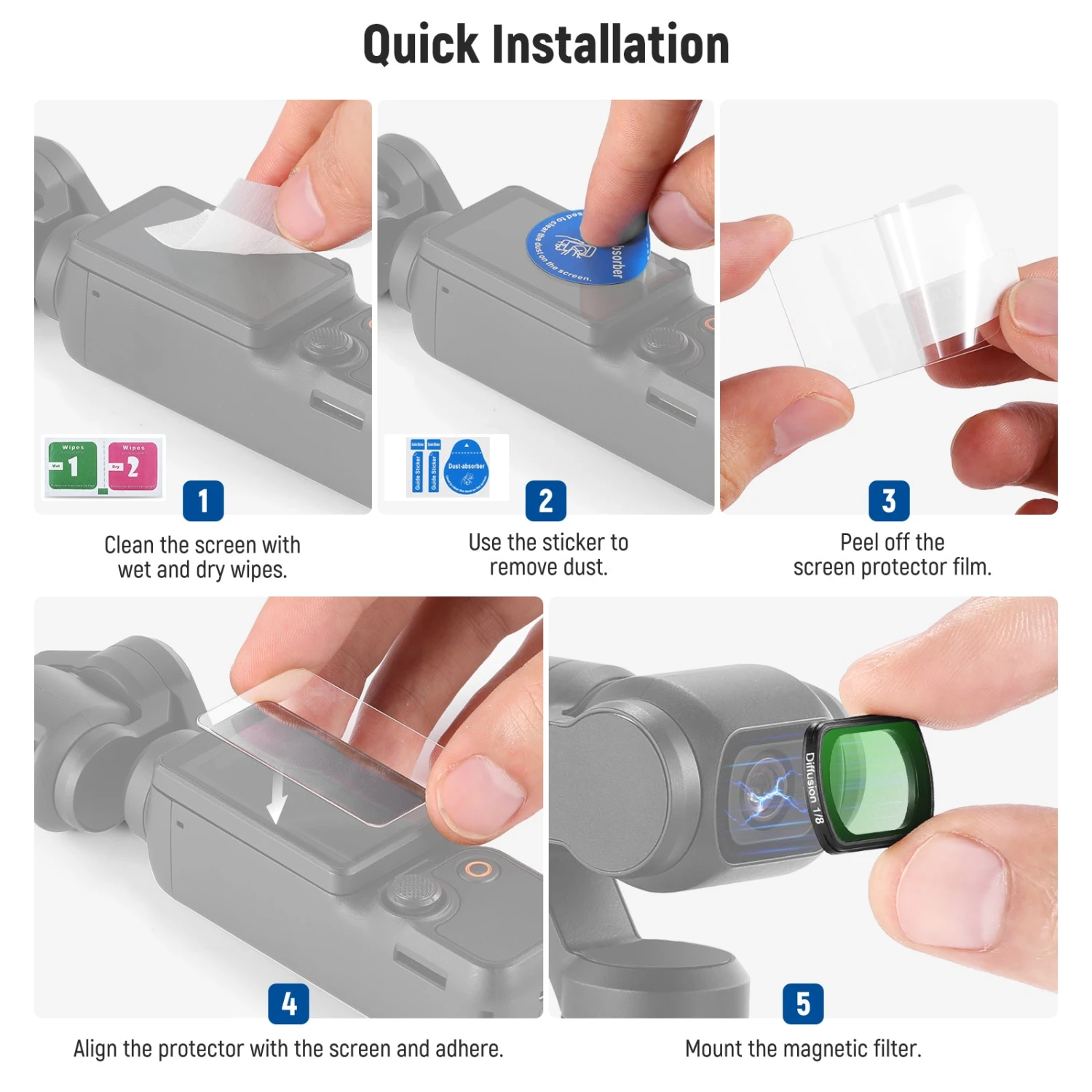 NEEWER FL-B11 2-Pack Magnetic Black Diffusion 1/4 & 1/8 Filter Set For DJI Osmo Pocket 3 7 NEEWER FL-B11 2-Pack Magnetic Black Diffusion 1/4 & 1/8 Filter Set For DJI Osmo Pocket 3 - Image 7