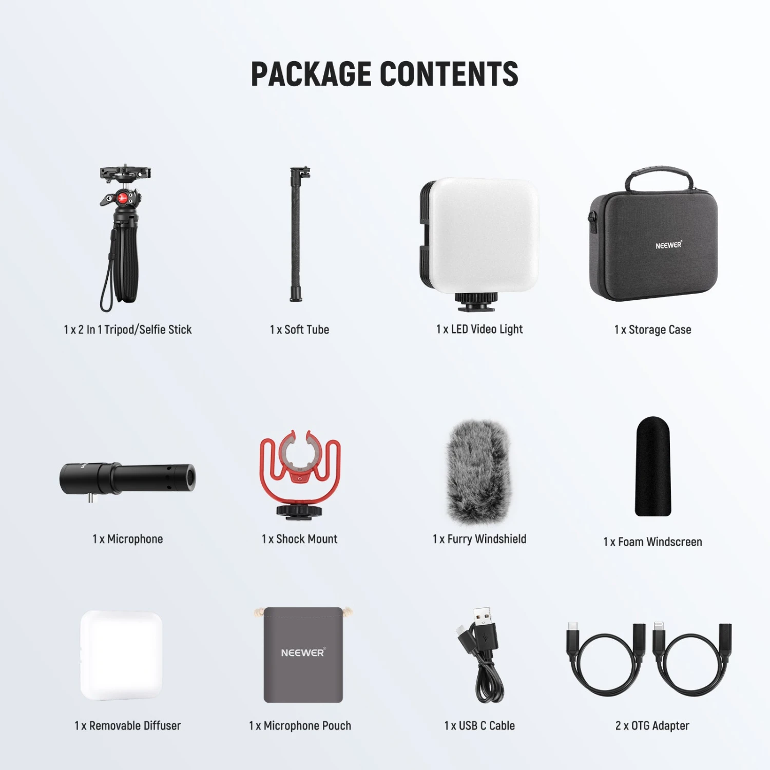 NEEWER PA045 Vlogging Kit With LED Light/Selfie Stick Tripod/Mic For Smartphones 8 NEEWER PA045 Vlogging Kit With LED Light/Selfie Stick Tripod/Mic For Smartphones - Image 8