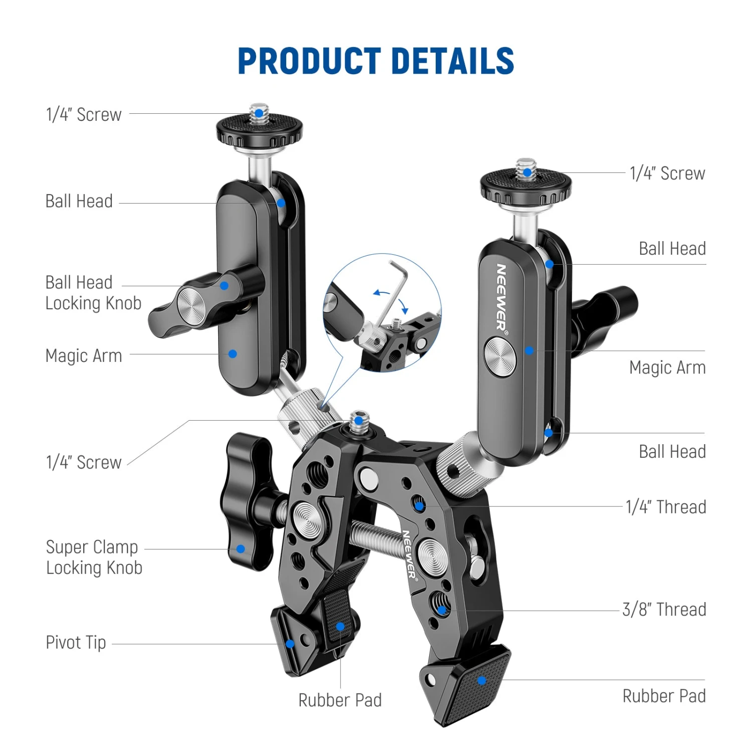 NEEWER Heavy Duty Super Clamp With Two 360° Dual Ball Head Magic Arms 8 NEEWER Heavy Duty Super Clamp With Two 360° Dual Ball Head Magic Arms - Image 8