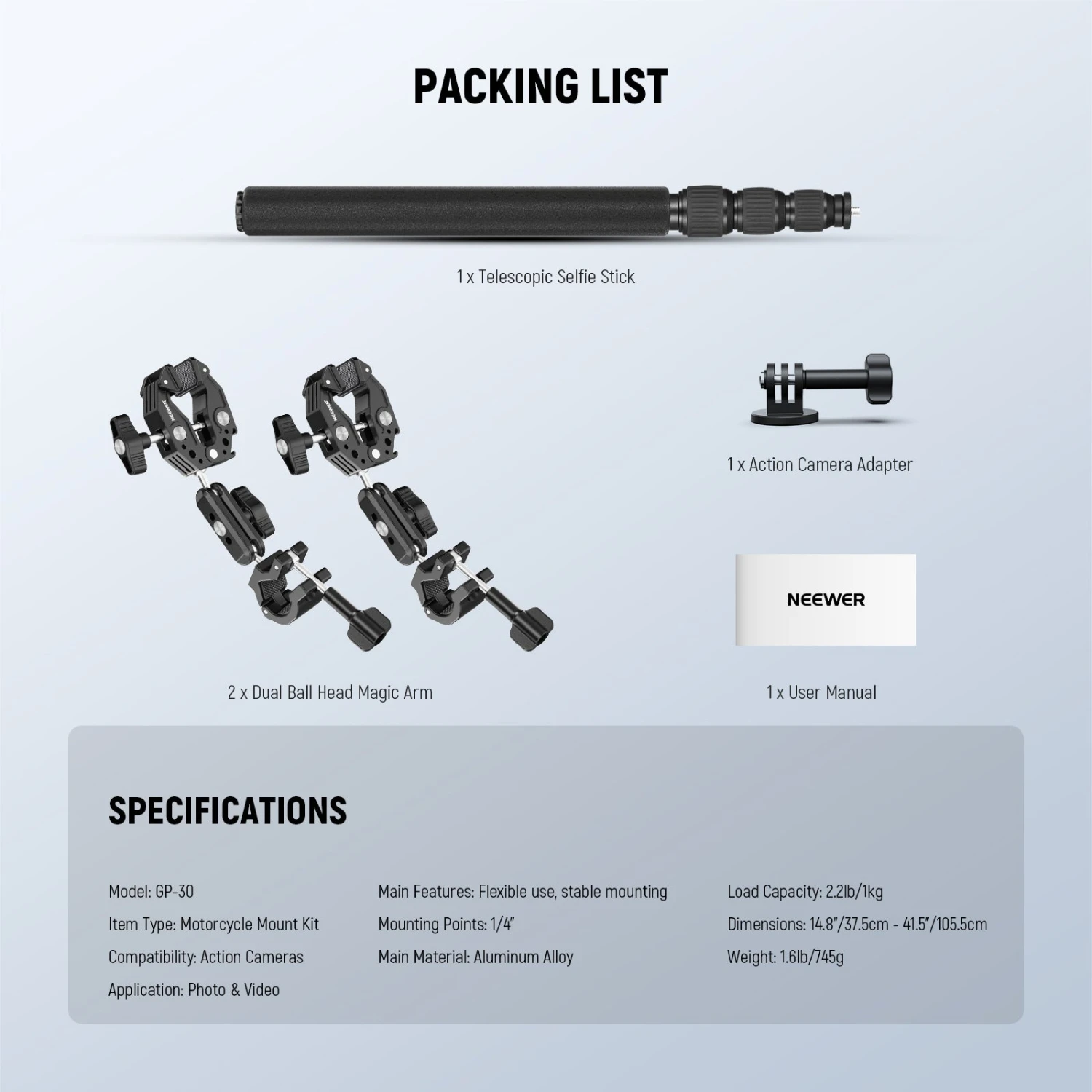 NEEWER GP-30 Motorcycle Camera Mount Kit 8 NEEWER GP-30 Motorcycle Camera Mount Kit - Image 8