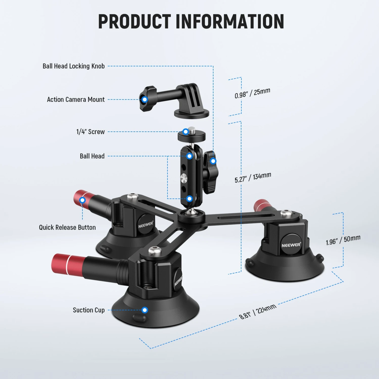 NEEWER CA067 Triple Suction Cup Camera Car Mount 8 NEEWER CA067 Triple Suction Cup Camera Car Mount - Image 8
