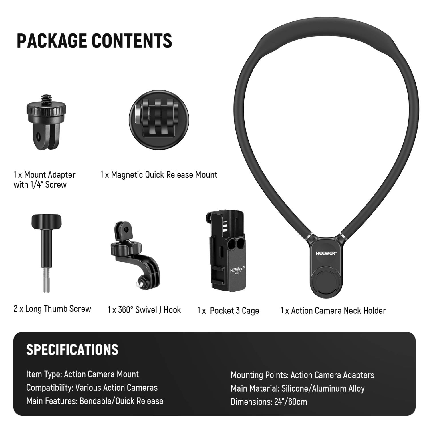 NEEWER GP39 Magnetic Action Camera Neck Mount With Pocket 3 Cage 9 NEEWER GP39 Magnetic Action Camera Neck Mount With Pocket 3 Cage - Image 9