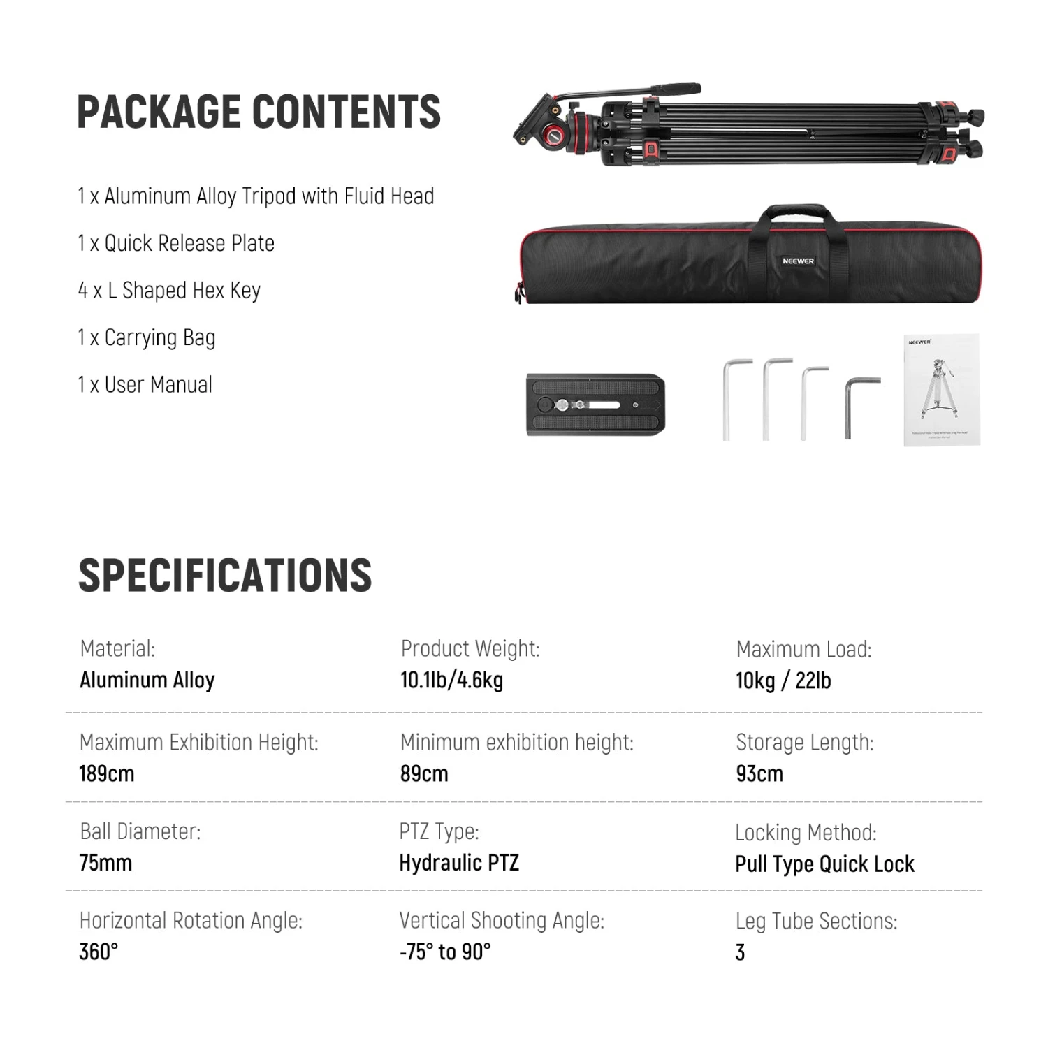 NEEWER TP75 74" Pro Video Tripod With Fluid Head 9 NEEWER TP75 74" Pro Video Tripod With Fluid Head - Image 9